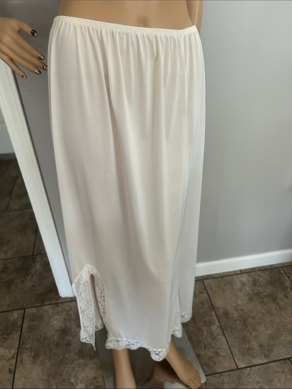 Vintage Cream Lace-Trim Maxi Slip Skirt